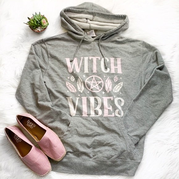 Delta Tops - Gray & Pastel Pink Witchy Vibes Hooded Sweatshirt